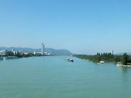 Danube River landscape photo in Budapest, Hungary. Selective focus.