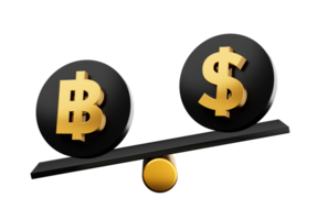 3d Golden Baht And Dollar Symbol On Rounded Black Icon With 3d Balance Weight Seesaw 3d illustration png