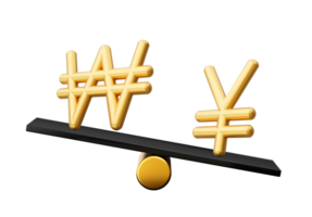 3d dorado won y yen símbolo en redondeado negro íconos con 3d equilibrar peso balancín 3d ilustración png