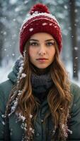a young woman wearing a red hat and scarf in the snow photo