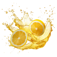 ai generato cattura il dinamico essenza di Limone succo spruzzi contro un' trasparente sfondo, con vivace giallo liquido turbinii e rinfrescante frutta gocce png