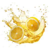 AI generated Capturing the dynamic essence of lemon juice splashes against a transparent background, featuring vibrant yellow liquid swirls and refreshing fruit drops png