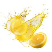 AI generated Capturing the dynamic essence of lemon juice splashes against a transparent background, featuring vibrant yellow liquid swirls and refreshing fruit drops png