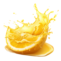 ai generiert Erfassen das dynamisch Wesen von Zitrone Saft spritzt gegen ein transparent Hintergrund, mit beschwingt Gelb Flüssigkeit wirbelt und erfrischend Obst Tropfen png