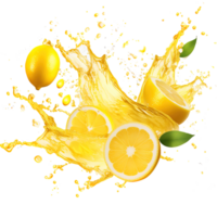 ai généré capturer le dynamique essence de citron jus éclaboussures contre une transparent arrière-plan, avec vibrant Jaune liquide tourbillonne et rafraîchissant fruit gouttes png