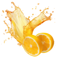 ai généré capturer le dynamique essence de citron jus éclaboussures contre une transparent arrière-plan, avec vibrant Jaune liquide tourbillonne et rafraîchissant fruit gouttes png