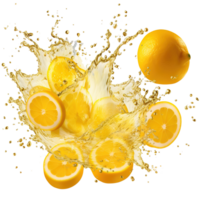 AI generated Capturing the dynamic essence of lemon juice splashes against a transparent background, featuring vibrant yellow liquid swirls and refreshing fruit drops png