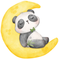 Baby Panda sleeping on crescent moon watercolor, baby shower nursery animal illustration png