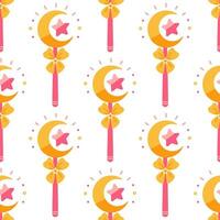Magic wand seamless vector pattern. Pink stick with sparkling crescent moon, star, bow. A shining tool for a wizard, fairy, kid princess. A colorful toy for tricks, wishes. Flat cartoon background