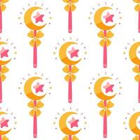 Magic wand seamless vector pattern. Pink stick with sparkling crescent moon, star, bow. A shining tool for a wizard, fairy, kid princess. A colorful toy for tricks, wishes. Flat cartoon background