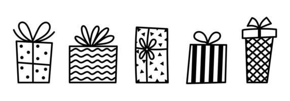 Gift box vector icon set. Containers with bow, ribbon. Black and white presents with polka dot, stripes. Hand drawn doodle, holiday sketch. Line art isolated on white. Surprise for party, anniversary