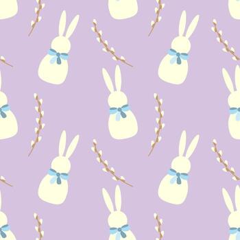 Easter pattern with bunnies with bow and spring willow branchesom pink violet pastel background. vector