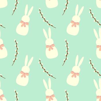 Easter pattern with bunnies with bow and spring willow branches. vector