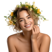 ai generado natural mujer con floral corona sonriente png