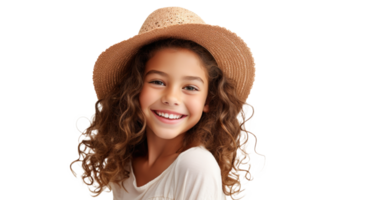 ai generado verano divertido con sonriente niña en Paja sombrero png