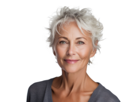AI generated attractive older woman, png file of isolated cutout object with shadow on transparent background.