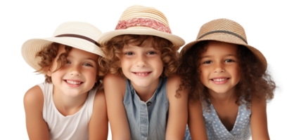 ai generado verano divertido con contento niños en Paja sombreros png