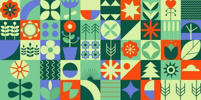 Modern geometric background. Abstract nature trees, leaves, flowers, shapes. Bauhaus. Seamless pattern. vector