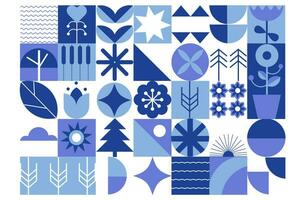 Modern geometric blue monochrome silhouette background, pattern. Bauhaus. Abstract flowers, shapes. vector