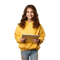 AI generated kid girl using tablet, png file of isolated cutout object with shadow on transparent background.