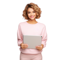 AI generated attractive girl using tablet, png file of isolated cutout object with shadow on transparent background.