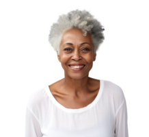 AI generated attractive black older woman, png file of isolated cutout object with shadow on transparent background.