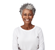 AI generated attractive black older woman, png file of isolated cutout object with shadow on transparent background.