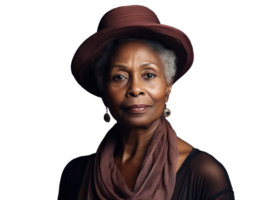 AI generated attractive black older woman, png file of isolated cutout object with shadow on transparent background.