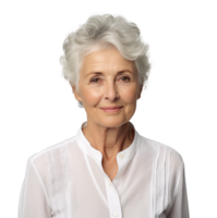 AI generated attractive older woman, png file of isolated cutout object with shadow on transparent background.