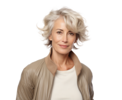 AI generated attractive older woman, png file of isolated cutout object with shadow on transparent background.