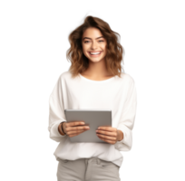 AI generated attractive girl using tablet, png file of isolated cutout object with on transparent background.