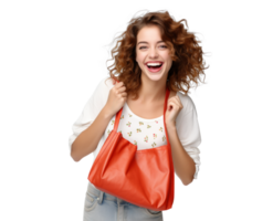 AI generated girl carry bag, png file of isolated cutout object with shadow on transparent background.