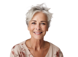 AI generated attractive older woman, png file of isolated cutout object with shadow on transparent background.