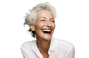 ai generado radiante más viejo mujer sonriente en transparente antecedentes png