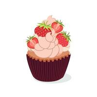 Cupcake with whipped cream and strawberries. Sweet pastry pastries with topping. Cake for cafe, menu. vector