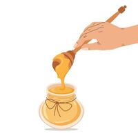 Hand holds spoon with honey. Honey in glass jar and dripping honey from wooden dipper. Hand drawn illustration for brand, postcard, packaging. Vector flat illustration isolated on white background.