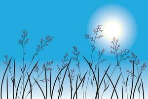 Illustration abstract silhouette of flower grass with sun and blue gradient background. vector