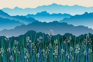 Illustration of flower grass with gradient mountain background. vector