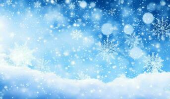 AI generated Winter background with snowflakes and bokeh lights. Christmas background. photo