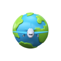 3D air travel symbol. Earth and airplane icon png