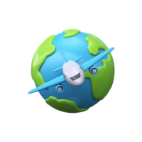 3D world travel icon. Earth and airplane flying forward png