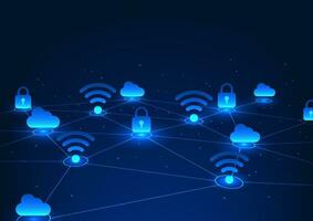 Technology background, connected geometric lines With WiFi icon and lock It represents the transmission of high-tech digital data in a secure network. Blue background, vector illustration