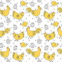 Cock, Chicken, chicks and eggs. Easter, spring seamless vector pattern for baby fabric, decoration, wrapping paper and wallpaper.