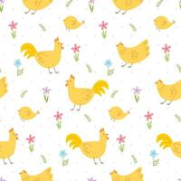 Cute seamless easter vector pattern with chicken and flowers. Funny spring background with chicks, flowers and twigs.