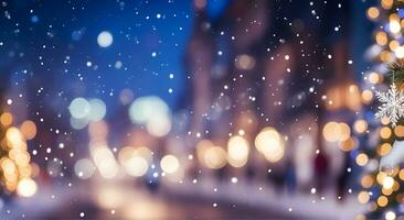 ai generado borroso bokeh luces y que cae nieve durante invierno noche foto