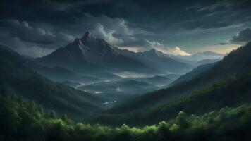 AI generated Dramatic sky over mountain range with forest and trees. photo