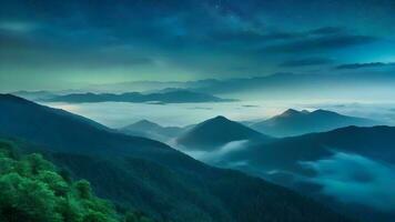 AI generated Tranquil sunrise over misty forest in mountain landscape photo