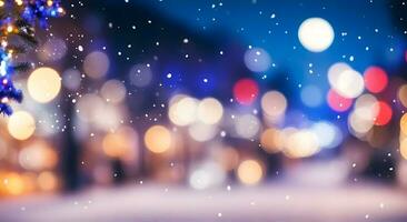 AI generated Blurred bokeh lights and falling snow during winter night photo