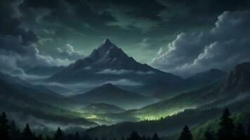 AI generated Dramatic sky over mountain range with forest and trees. photo