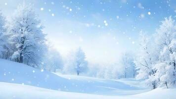 AI generated Winter Christmas background. Winter blue sky with falling snow, snowflakes with a winter landscape photo